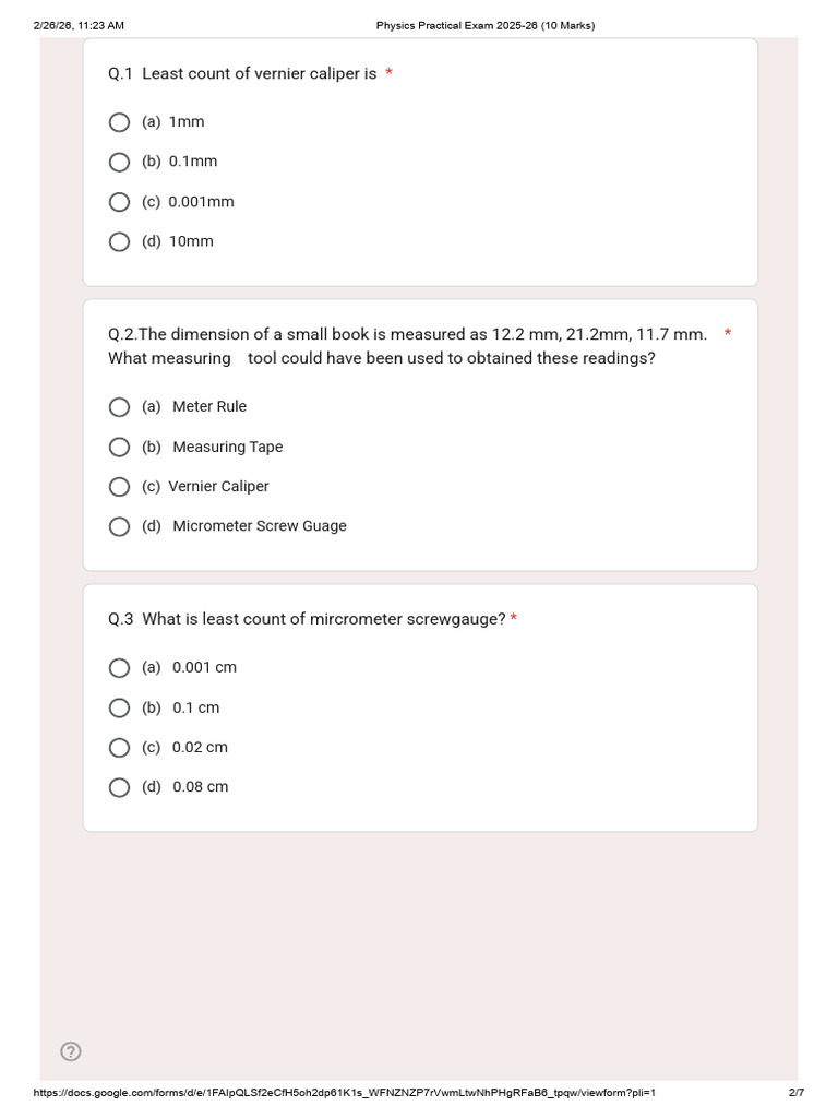 Physics Practical Exam 2025-26 (10 Marks) | PDF | Length