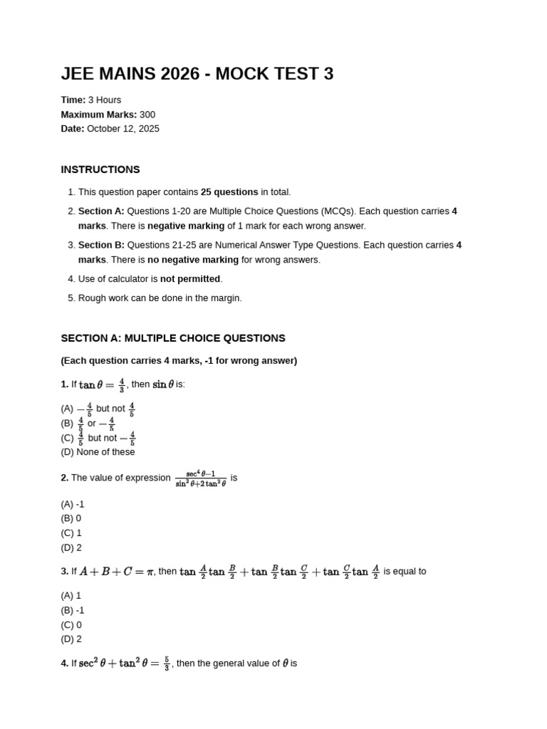 JEE Mains 2026 Mock Test 2 Questions | PDF | Numbers | Multiple Choice