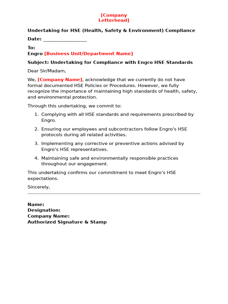 Undertaking For HSE (Health, Safety & Environment) Compliance | PDF