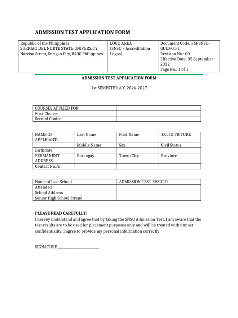 SNSU Admission Form Final Layout | PDF