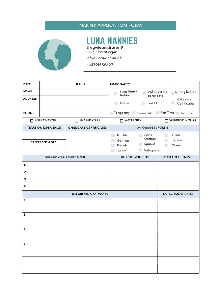 Luna Nanny Application Form 2024 | PDF | Driver's License | Child Care