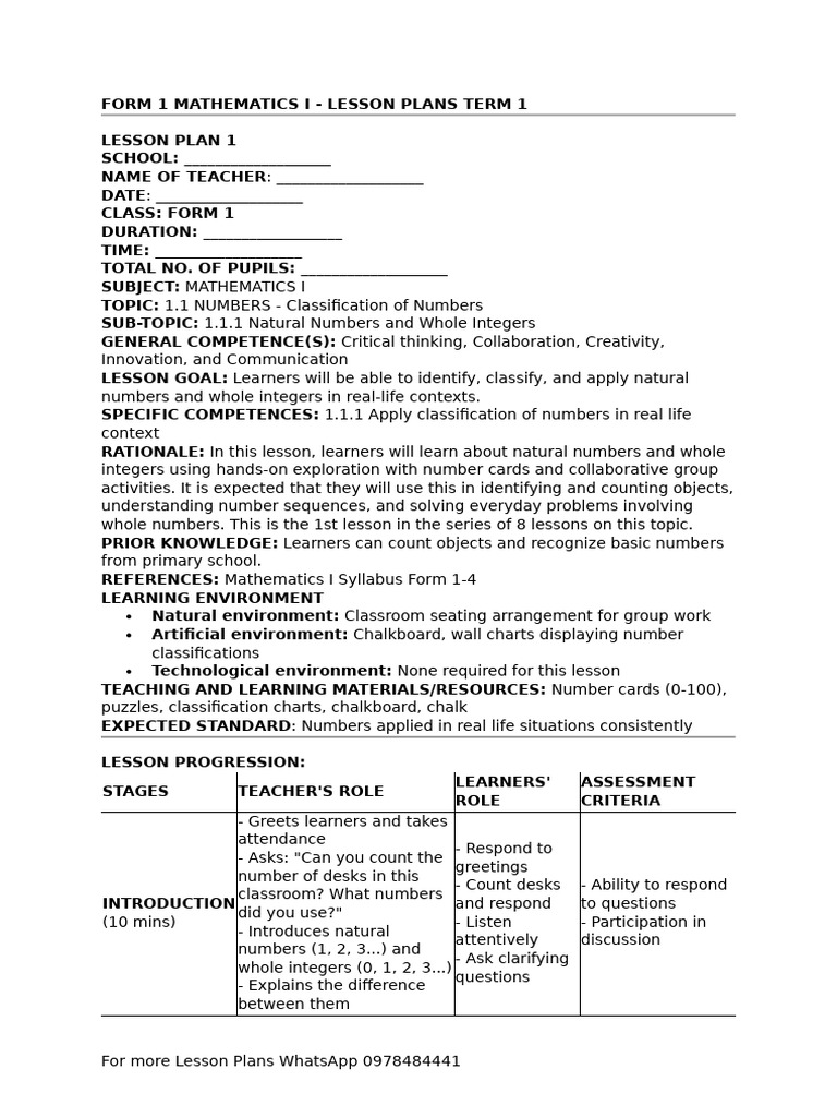 Form 1 Mathematics I - Lesson Plans Term 1 | PDF | Learning | Lesson Plan