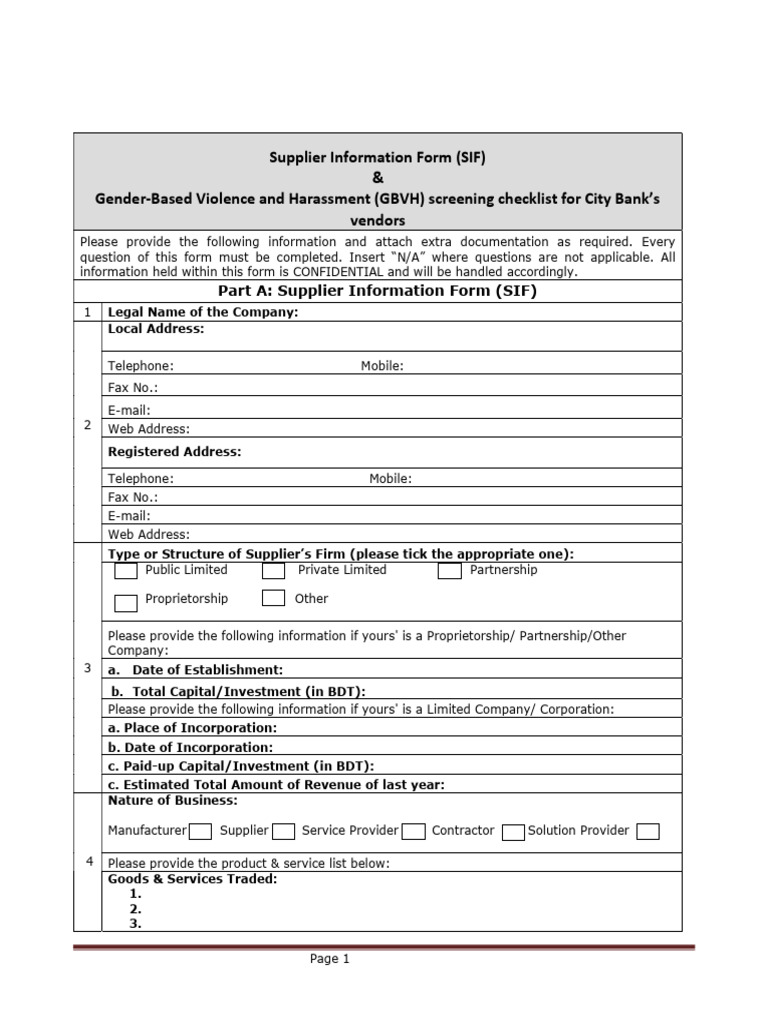 Annex - 6 - Supplier Information Form (SIF) & GBVH Screening | PDF ...