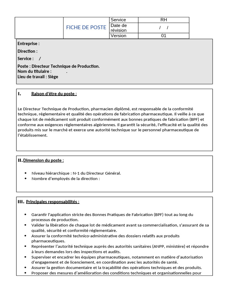 Fiche de Poste Directeur Technique de Production | PDF | Pharmacien ...