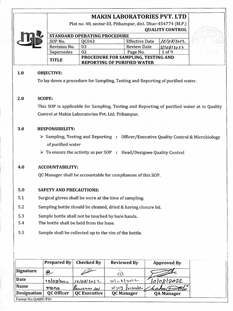 Water Analysis Sop Qc | PDF