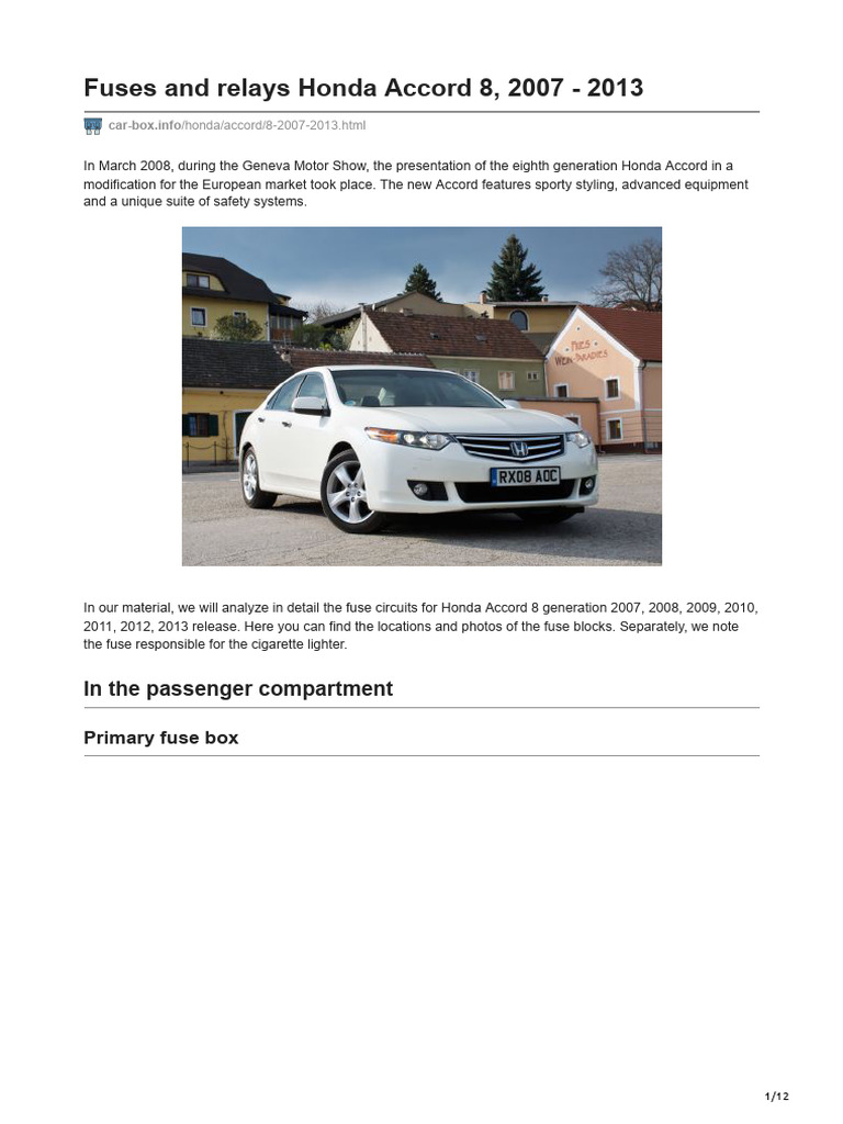 Fuses and Relays Honda Accord 8, 2007 - 2013: in The Passenger Compartment  | PDF | Headlamp