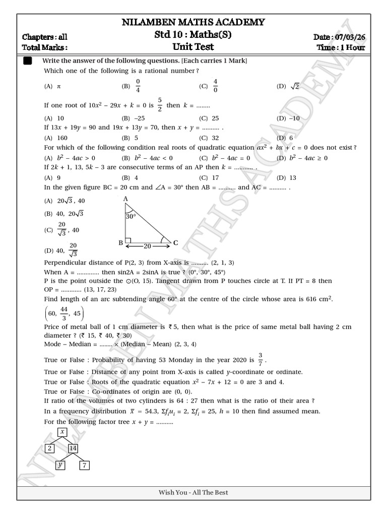 UnitTest D07 Mar 2026 | PDF | Quadratic Equation | Mathematics
