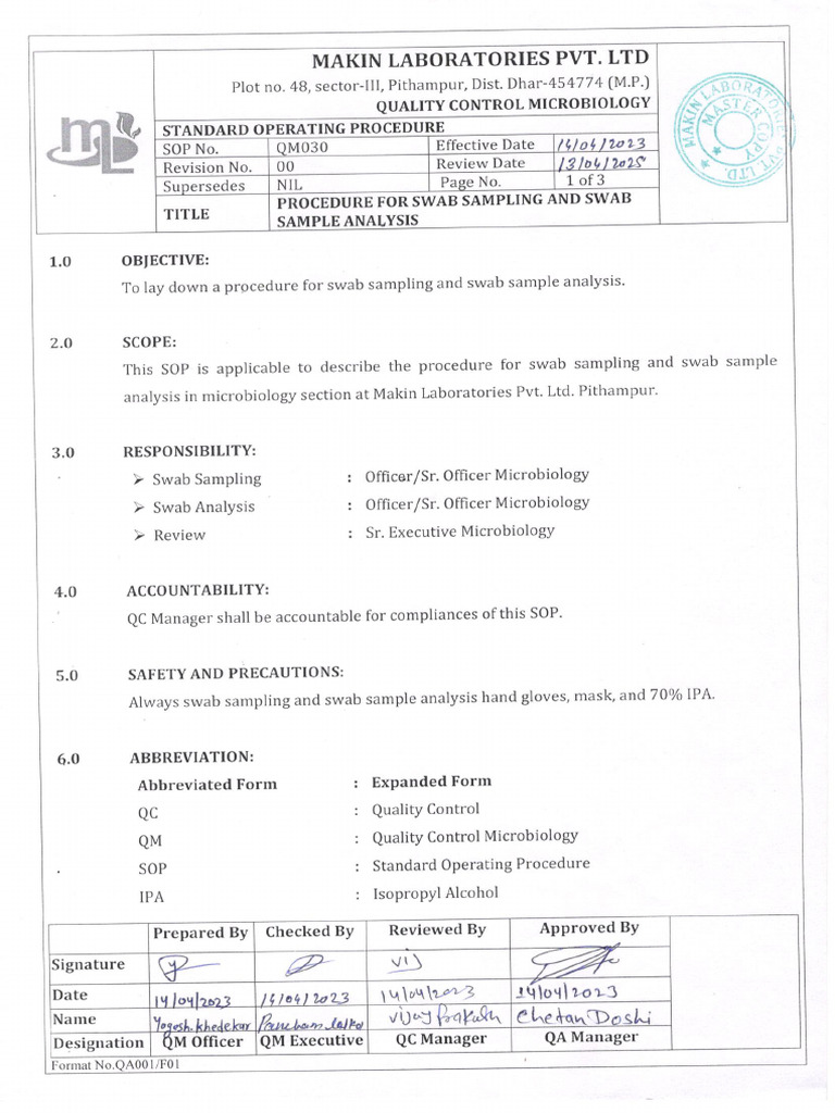 Procedure for Swab Sampling and Swab Sampale Analysis | PDF
