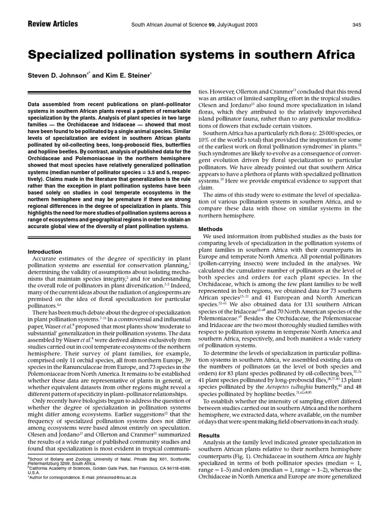 Johnson Steiner 2003 Specialized Pollination Systems in Southern Africa ...