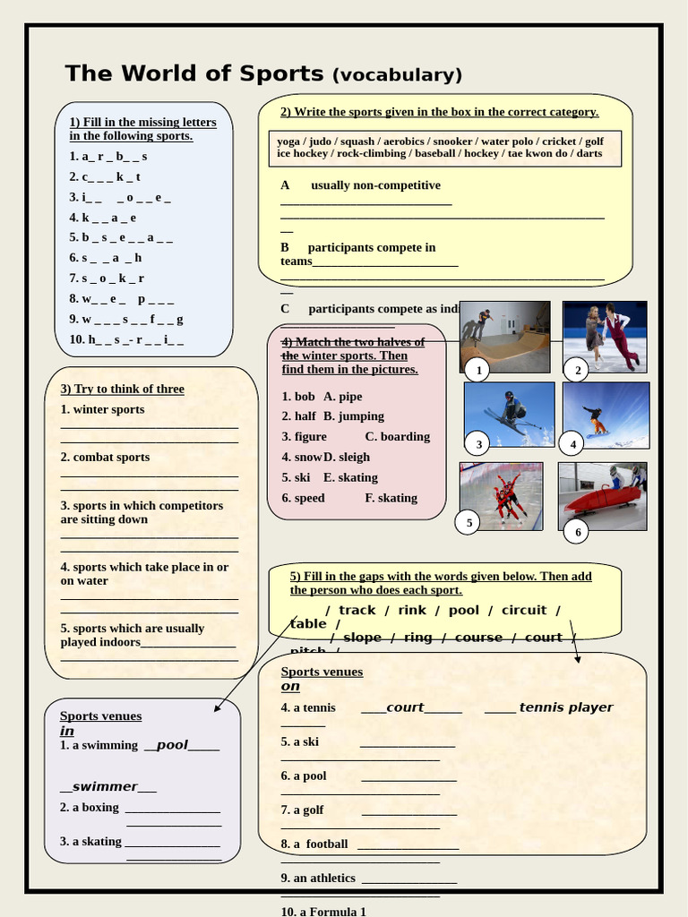 The World of Sports Vocabulary Oneonone Activities Picture Description ...