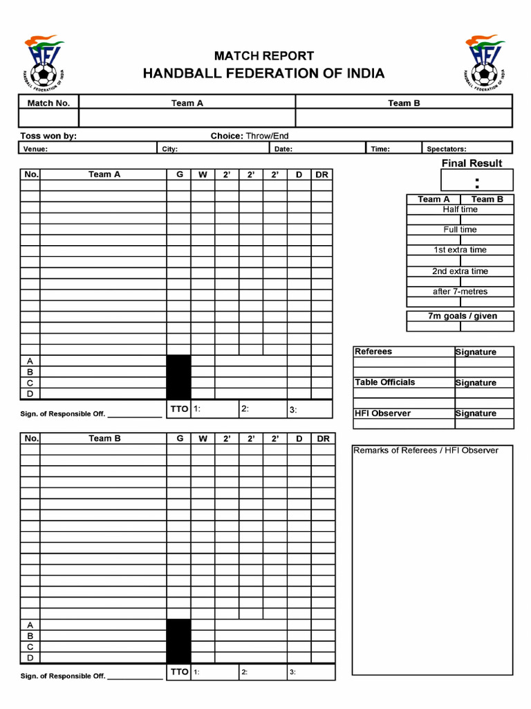 Scoresheet Handball | PDF | Sports | Team Sports