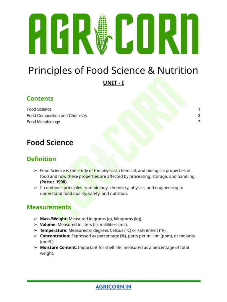 Unit 1 Principles of Food Science & Nutrition Agricorn in | PDF | Water ...