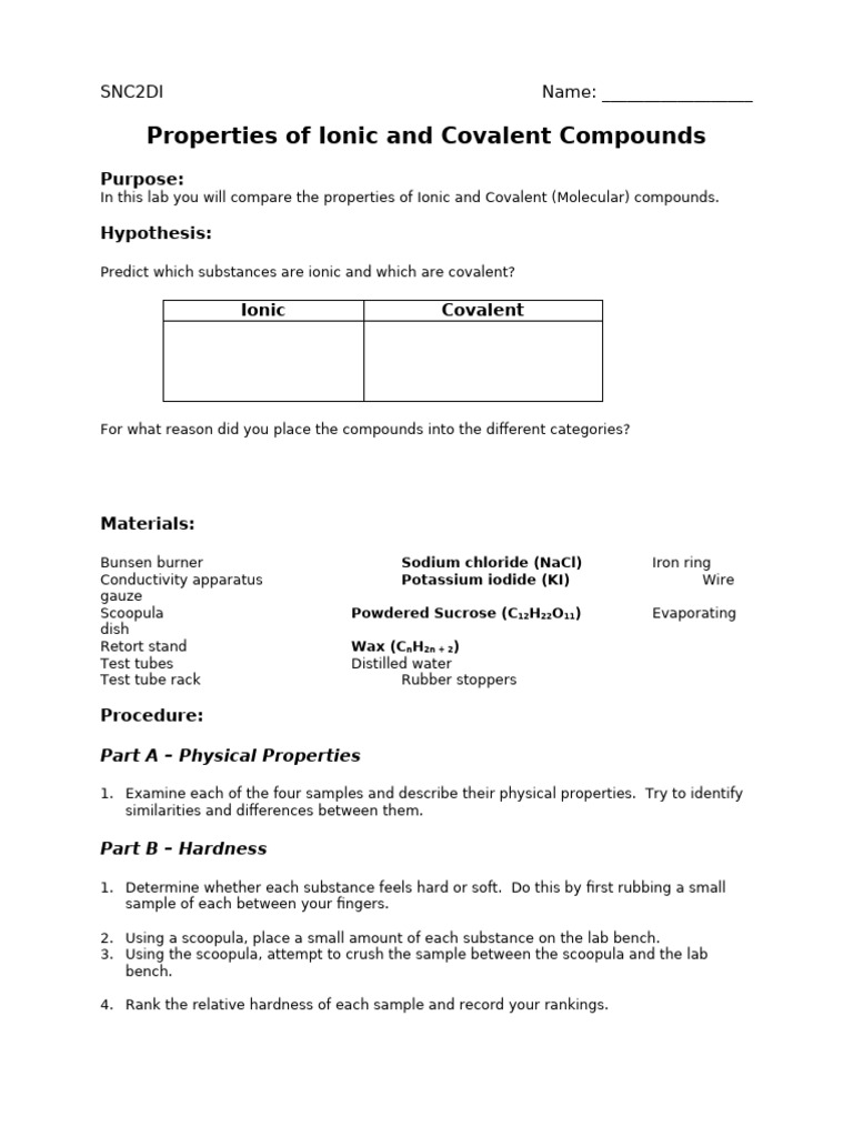 Ionic or Covalent Lab | PDF | Chemical Compounds | Salt (Chemistry)
