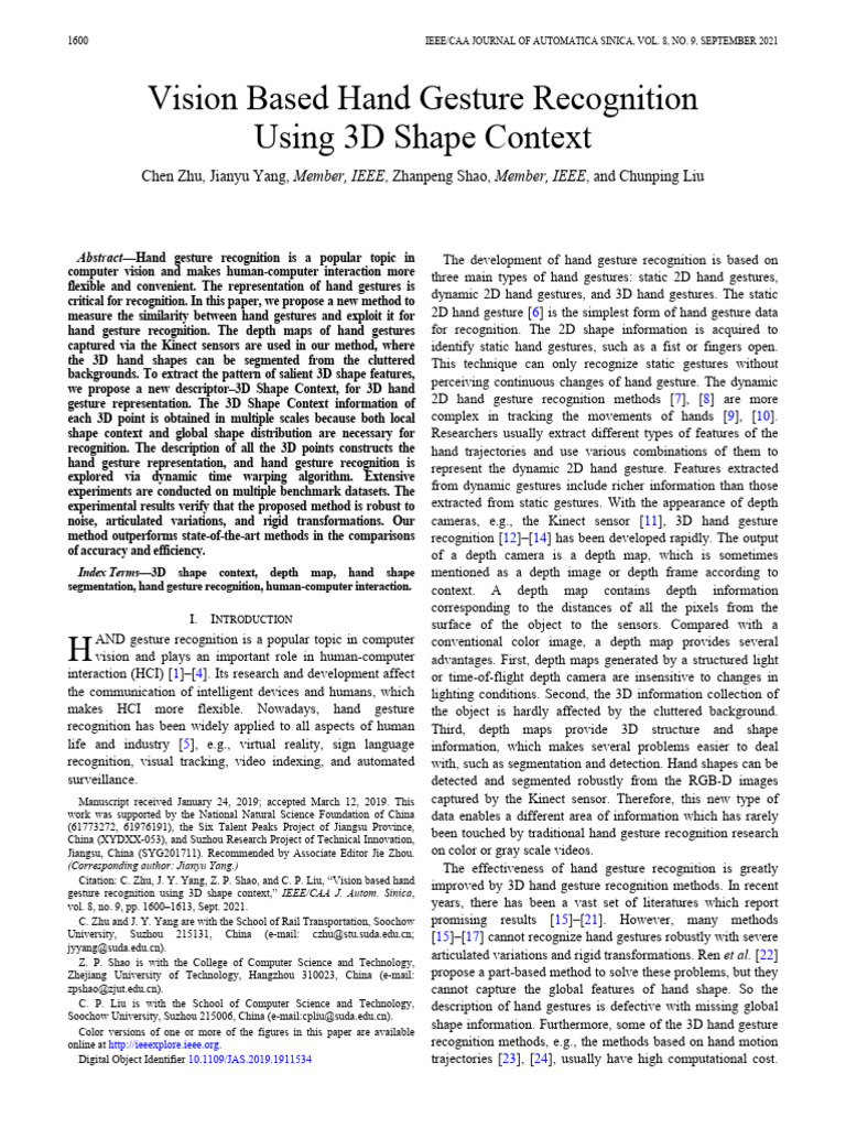 Vision Based Hand Gesture Recognition Using 3D Shape Context | PDF ...