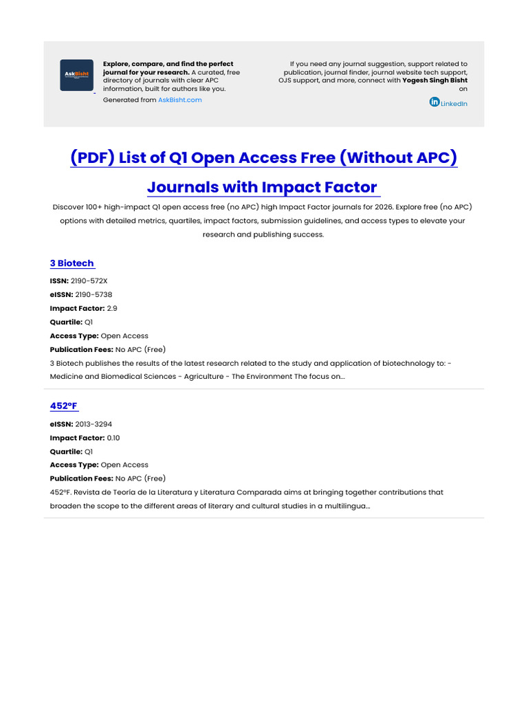 List of Q1 Open Access Free (Without APC) Journals With Impact Factor ...