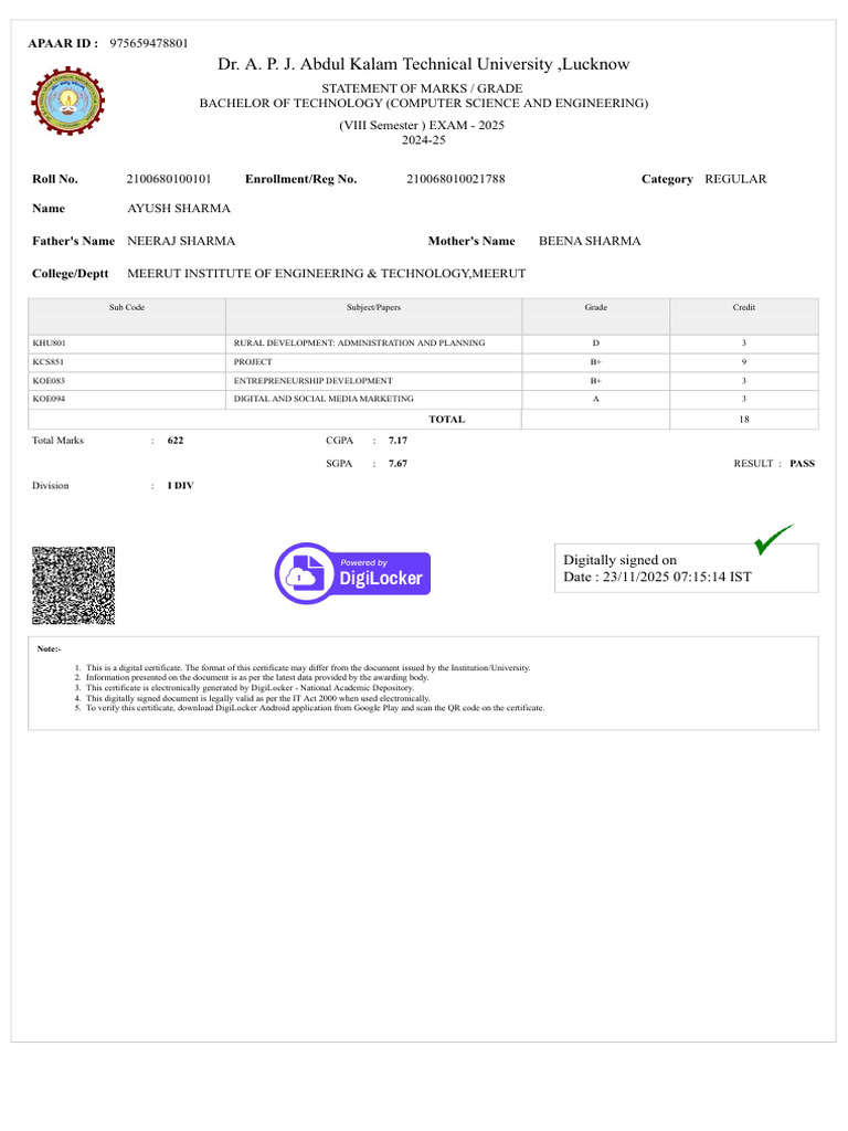 Degree - Diploma Marksheet | PDF