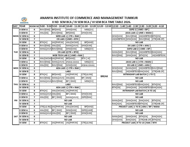 Bca Time Table 2025 26 | PDF
