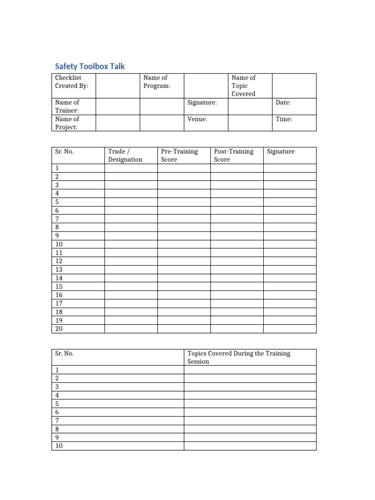 Tvara Toolbox Talk Checklists | PDF