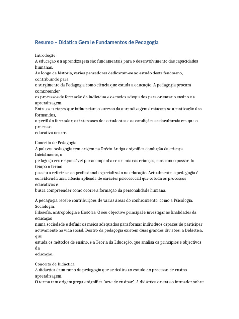 Resumo Didatica Geral 3 Paginas | PDF | Pedagogia | Aprendizado
