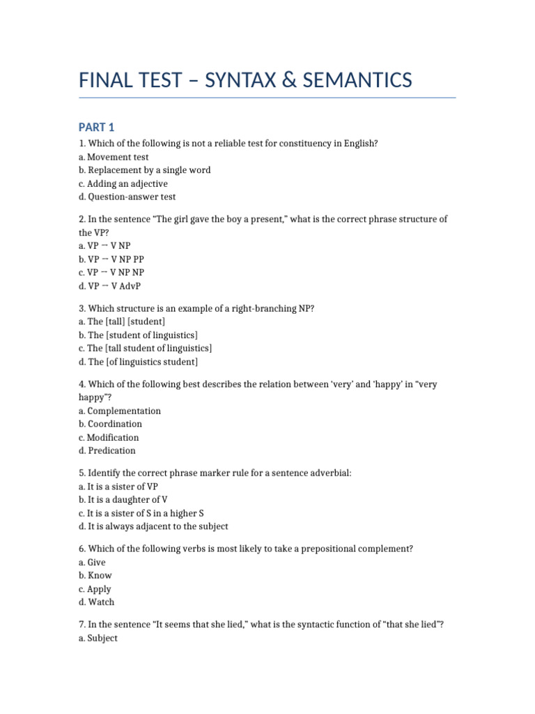Final Test Syntax Semantics | PDF | Cognitive Science | Semantic Units