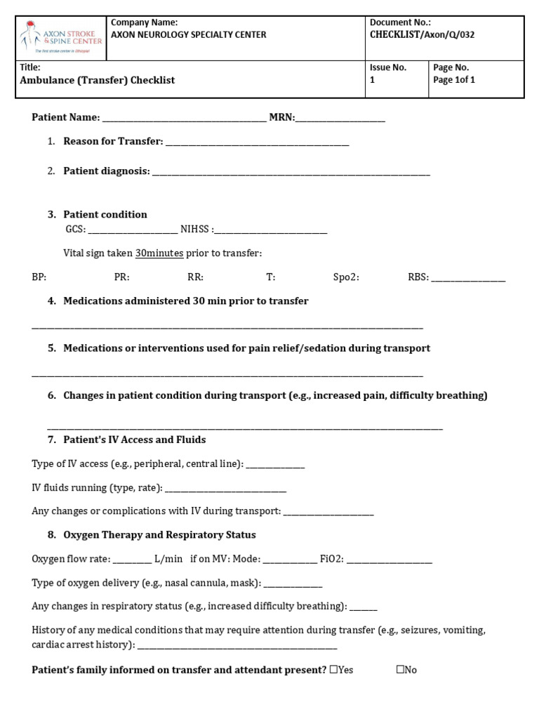 Ambulance Transfer Checklist | PDF | Diseases And Disorders | Medicine