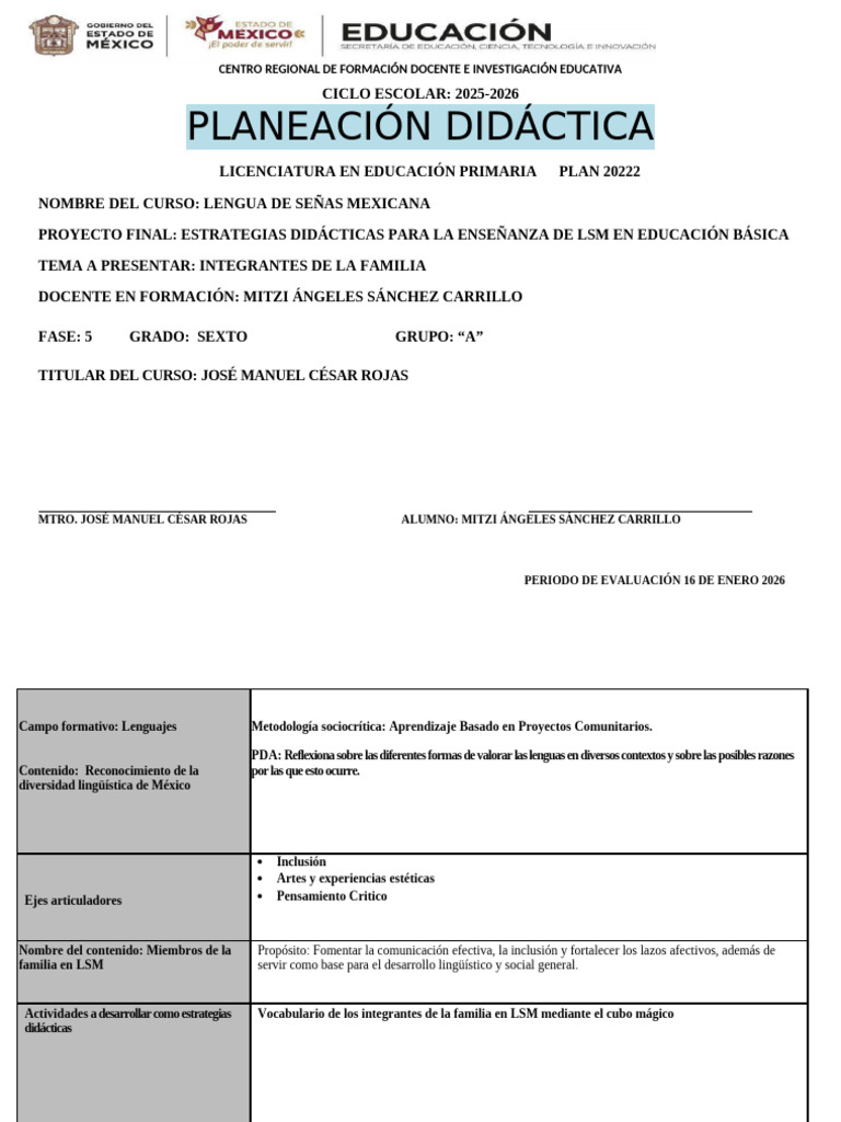 PLANEACION LSM Formato Mitzi | PDF | Educación primaria | Evaluación