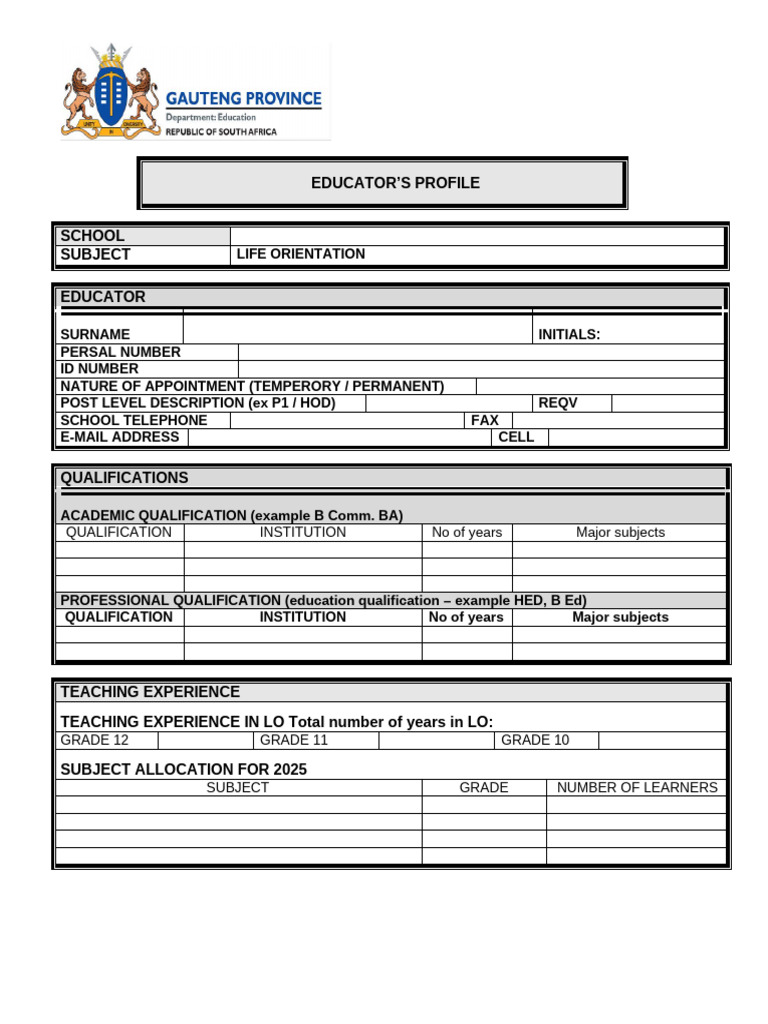 Teacher Profile Form | PDF