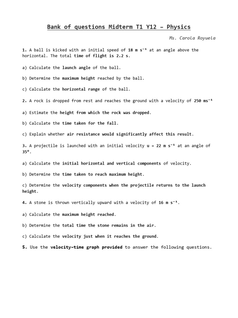 Bank of Questions Midterm T1 Y12 - Physics | PDF | Velocity | Acceleration