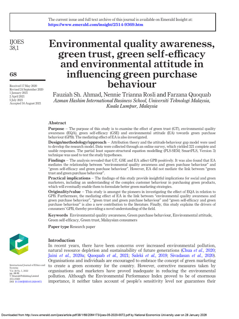 Environmental Quality Awareness, Green Trust, Green Self-efficacy and ...