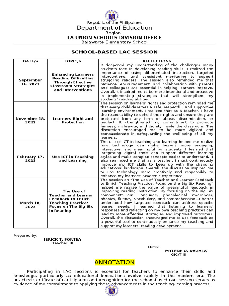 Lac Reflection and Minutes | PDF | Learning | Teachers