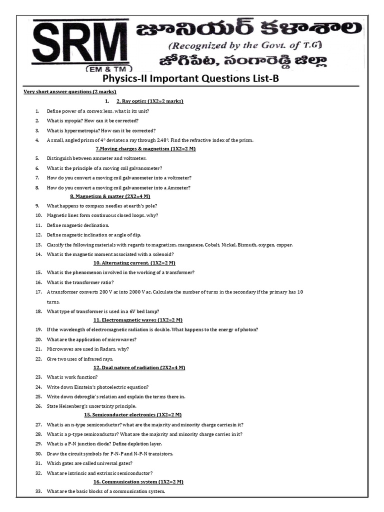 Physics 2 Important List Section B | PDF