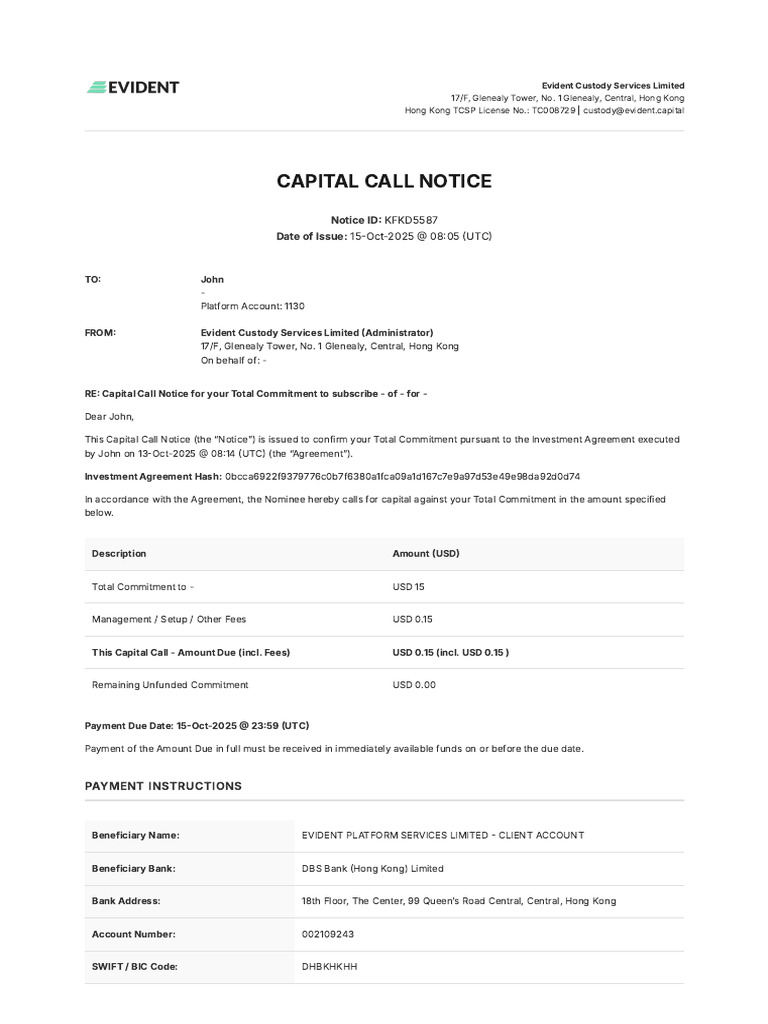 Capital Call Notice (1) | PDF | Financial Services | Banking