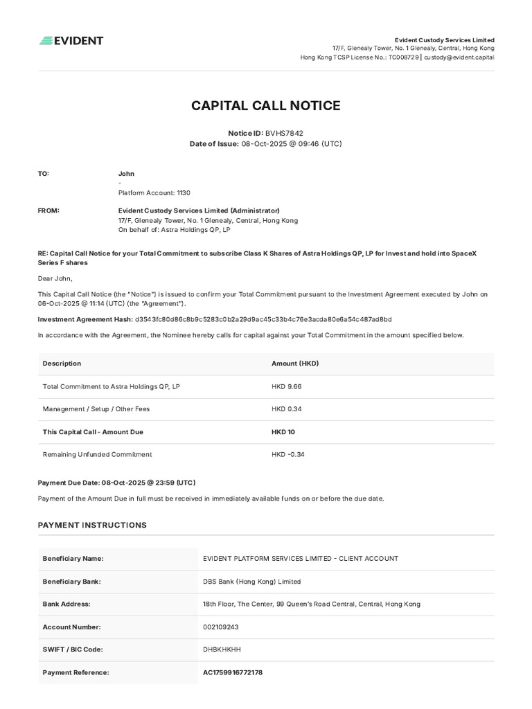 Capital Call Notice | PDF | Banking