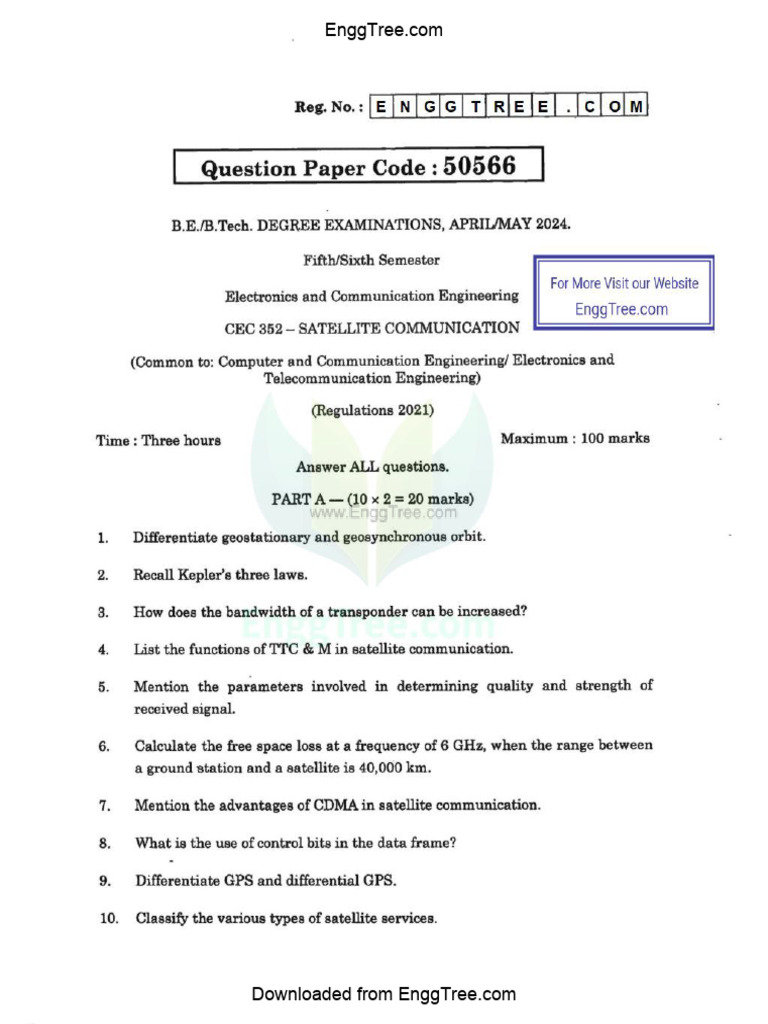 CEC352 Satellite Communication Apr May 2024 Question Paper Download | PDF