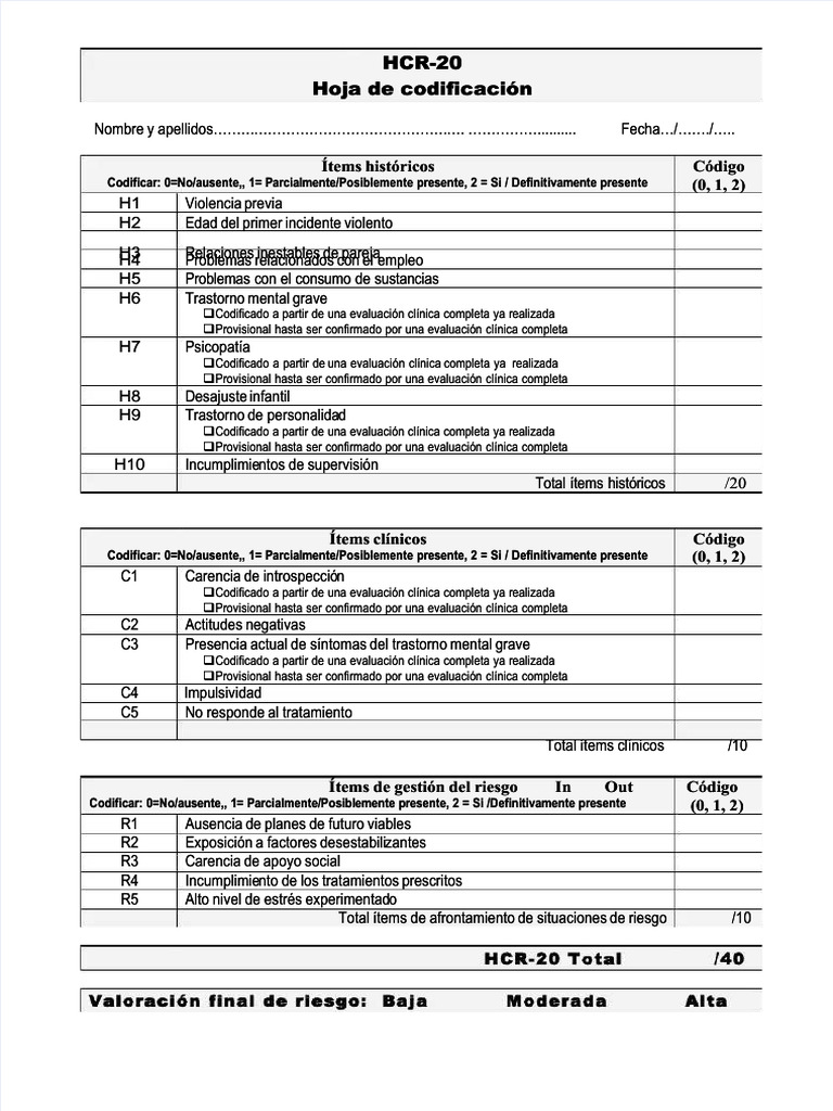 HCR-20 Hoja de Codificación | PDF | Medicina CLINICA | Invalidez