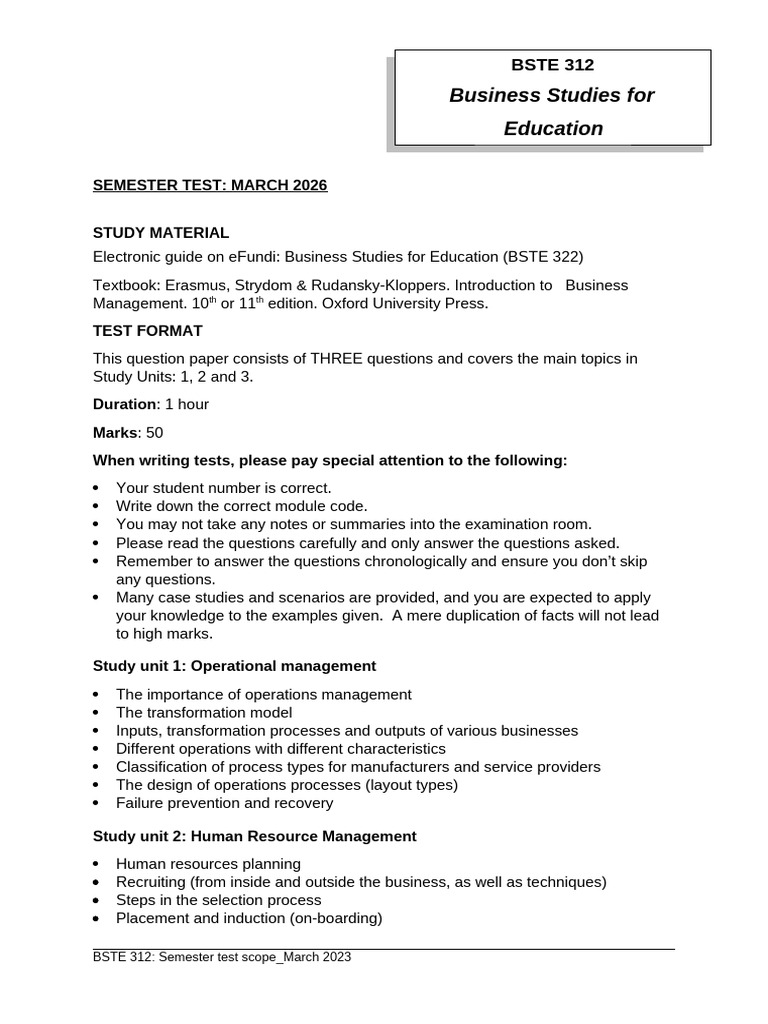 BSTE 312 - Semester Test Scope - March 2026 - 003 | PDF | Employment ...