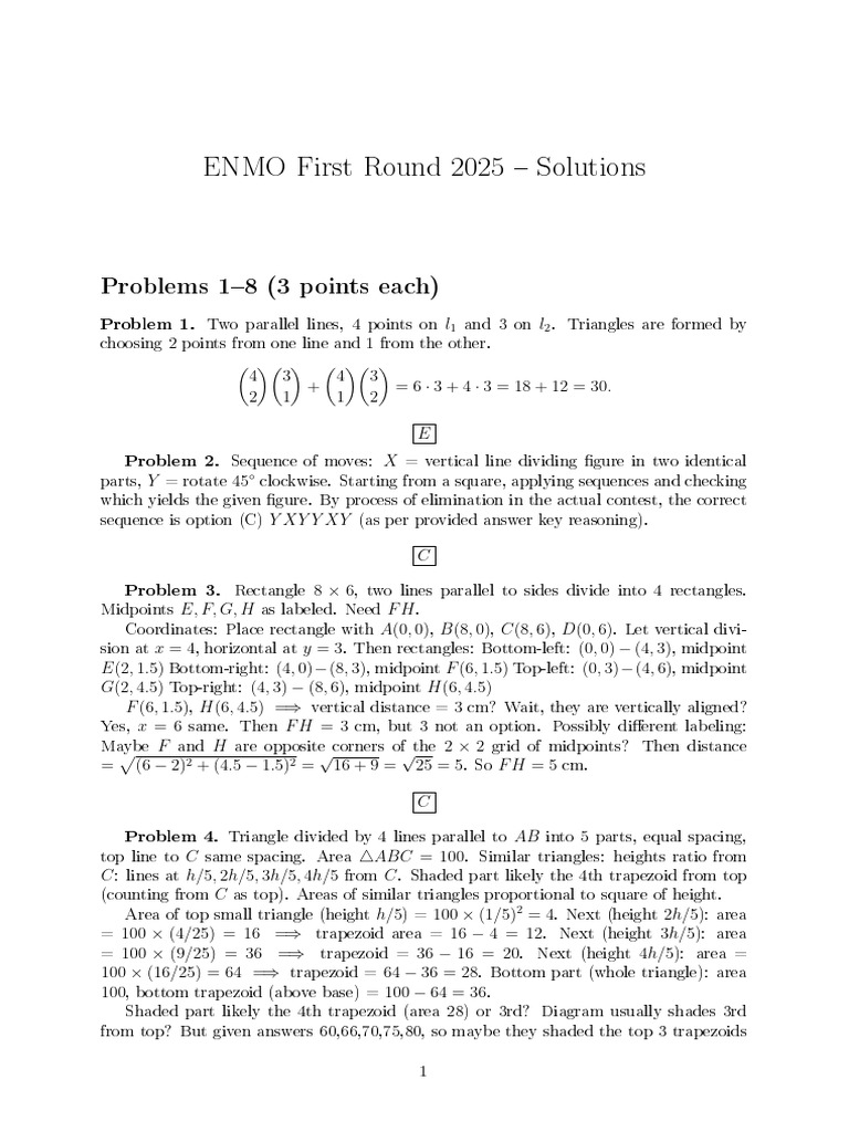 ENMO First Round 2025 Solutions: Problems 18 (3 Points Each) | PDF ...