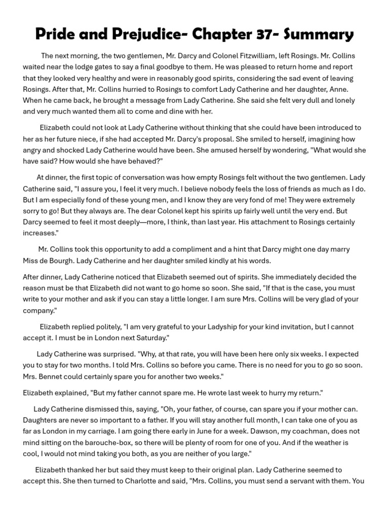Novel Summary - Chapter 37 | PDF | Mr. Darcy | Pride And Prejudice