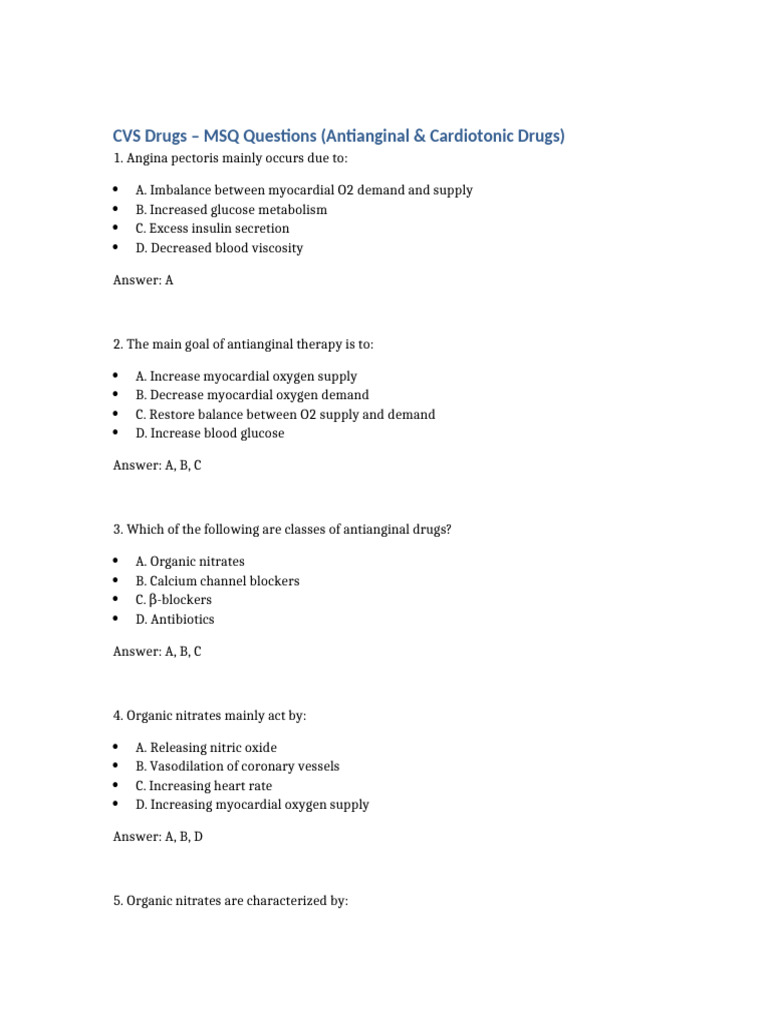 CVS MSQ 50 Questions | PDF | Cardiology | Drugs