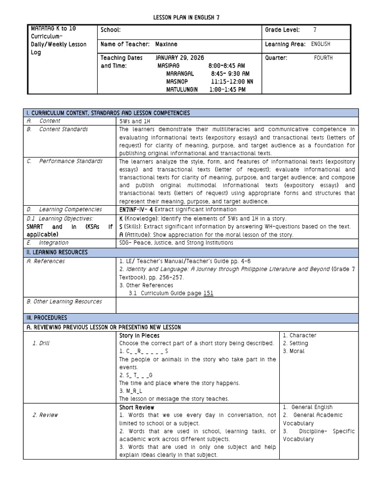 LESSON PLAN IN ENGLISH 7 Extract Significant Information | PDF | Essays ...