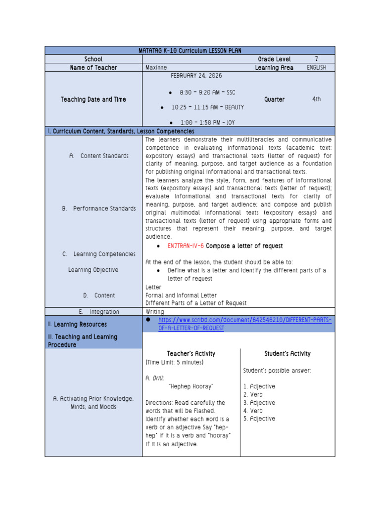 Lesson Plan Grade-7-Letter-of-Request | PDF | Curriculum | Essays
