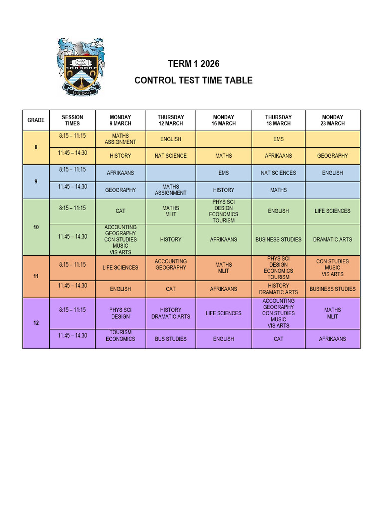 Term 1 Control Test Time Table | PDF