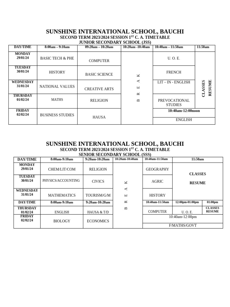 Sis Sec Second Term 2023-2024 Session 1st c. a. Timetable | PDF