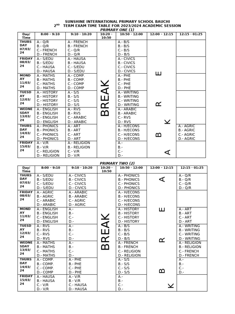 2nd Term Primary Exam Time Table for 2023-2024 Academic Session[1] | PDF