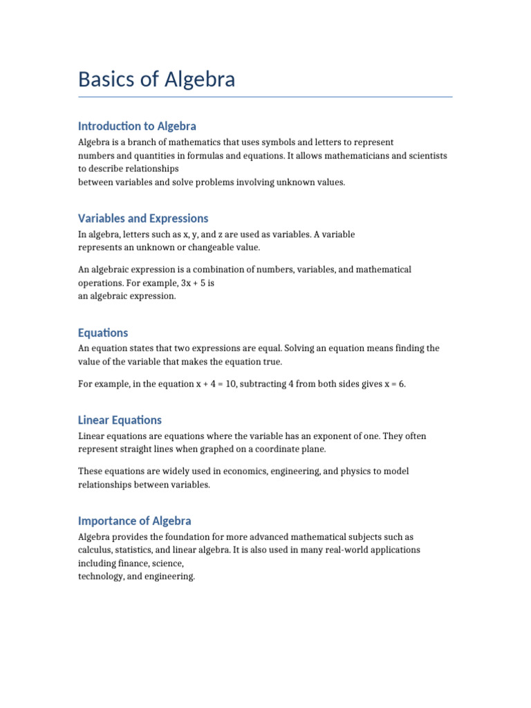 Basics of Algebra | PDF