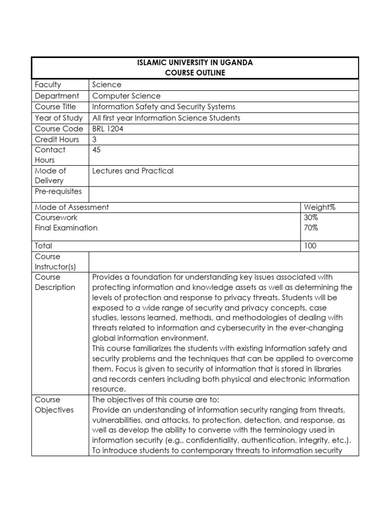 Course Outline, Information Safety and Security1 | PDF | Information ...