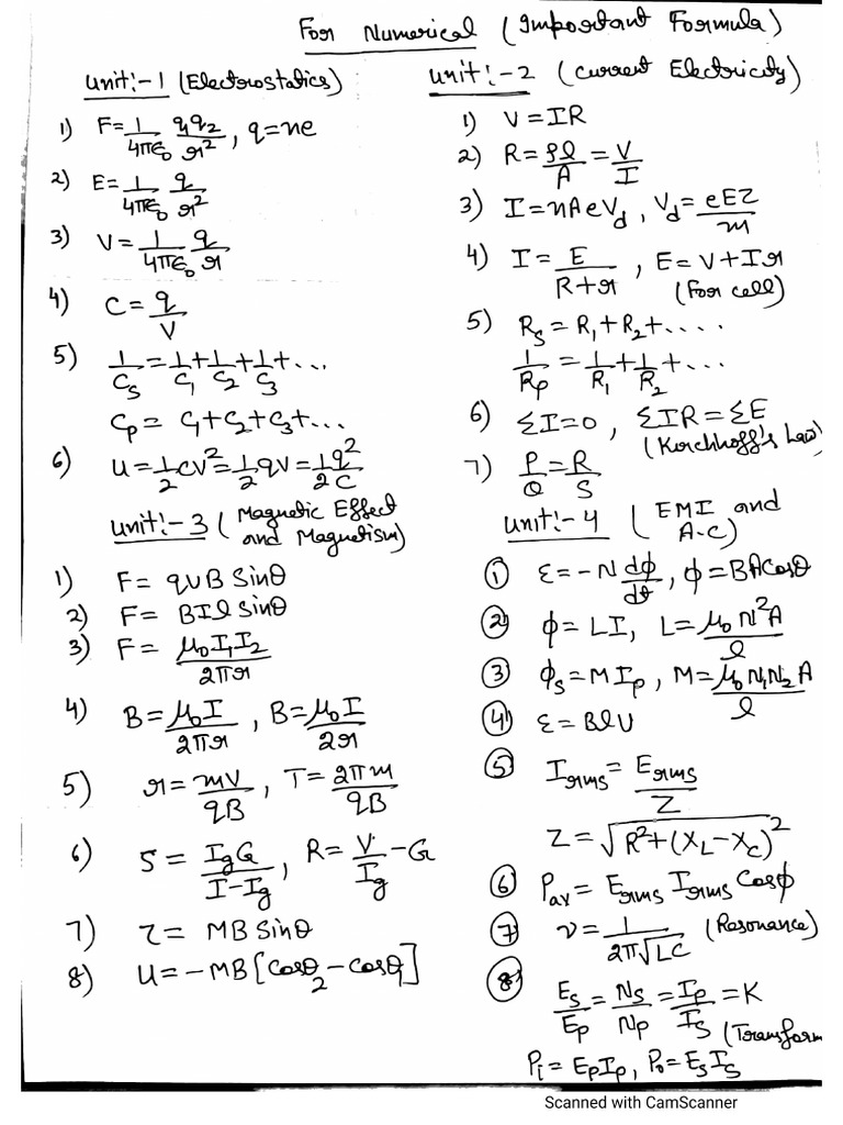 Important Numerical Formula For +2 Physics | PDF