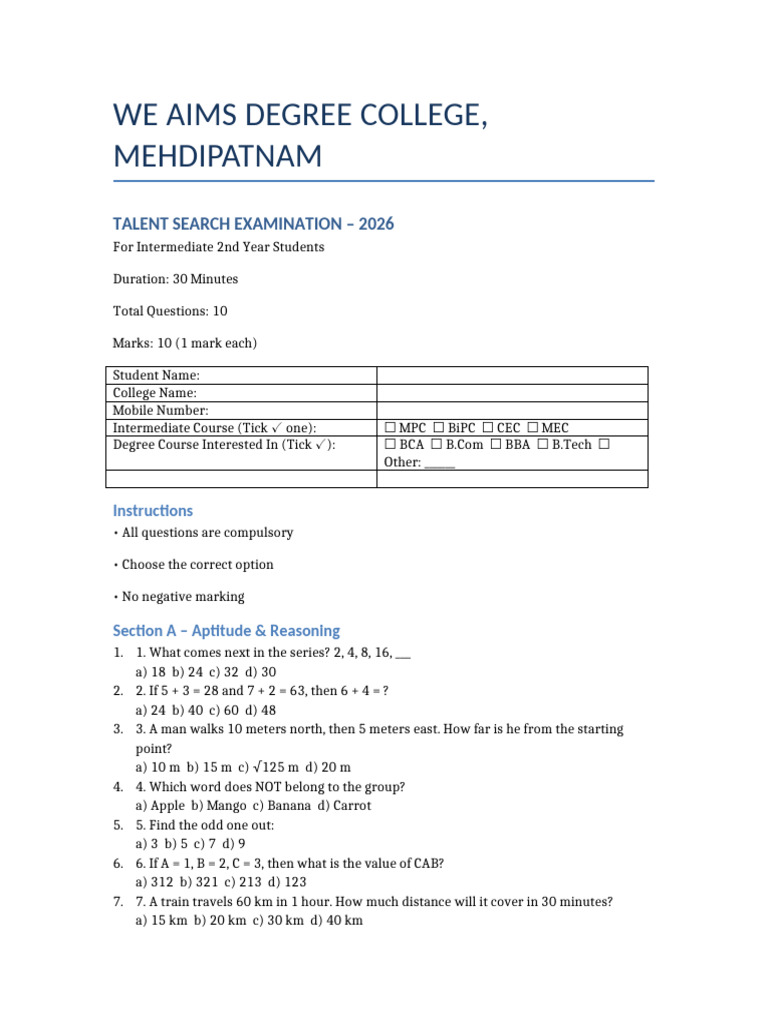 We Aims Talent Search Exam | PDF