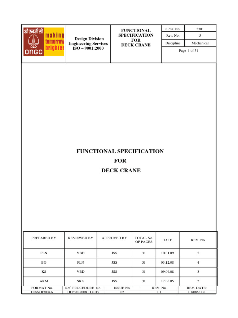 5301 - Functional Specification For Deck Crane | PDF | Crane (Machine ...