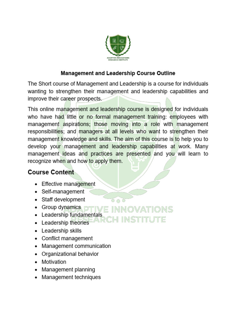 Management and Leadership Course Outline | PDF
